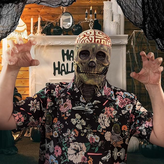 Máscara Realista de Calavera Cráneo con Cerebro Expuesto – Terror de Lujo